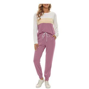 Womens Color Block Pajamas Crewneck Long Sleeve Lounge Sets Casual Outfit